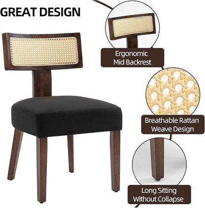 Upholstered Rattan Dining Chairs Set of 4, Mid-Century Modern Fabric Dining Room Chairs with Brown Hardwood Frame, Curved Backrest Kitchen Chairs for Living Room (Black)