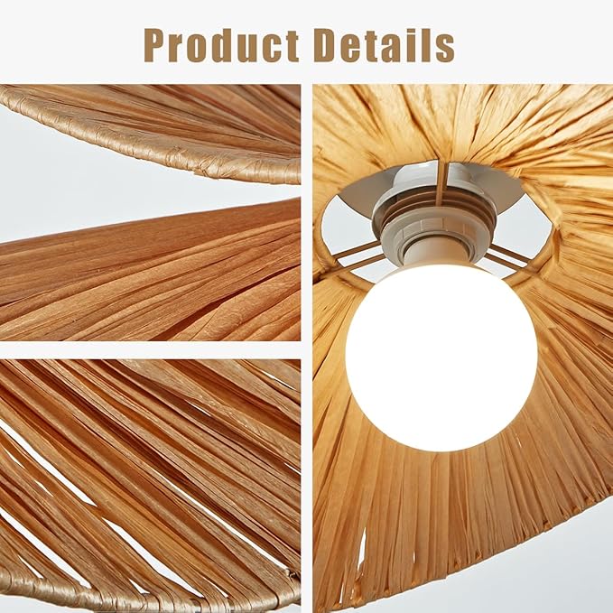 Natural Abaca Woven Pendant Light, Hand-Made Weaved Ceiling Light with Organic Weaved Leaf Finish, 20 Inch Diam Hanging Pendant Light for Bedroom, Living Room, Dining Room