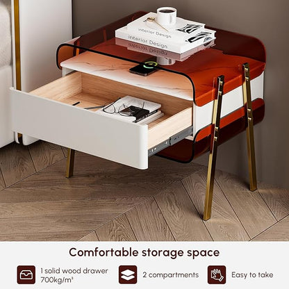 homary Modern Lighted Nightstand with Wireless Charging Station, Acrylic Shelves and Motion Sensor LED – Smart Bedside Table with Leather Drawer and Stainless Steel Legs