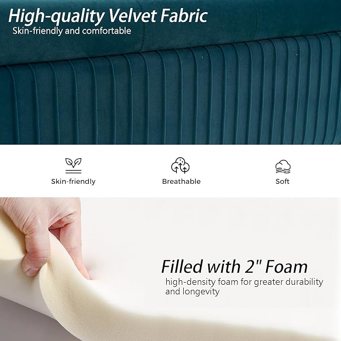 Velvet Storage Bench for Bedroom Upholstered End of Bed Bench Modern Ottoman with Gold Legs for Living Room/Window/Entryway (Teal/Blue-Green, Oval-45.5" W)