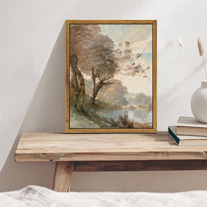 KBKBART Framed Canvas Wall Art Vintage Southwest Decor, Retro Neutral Landscape Riverside Botanical Art Prints Painting, Rustic Farmhouse Wall Decor Ready To Hang for Bedroom, Bathroom, Living Room,