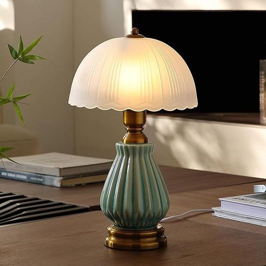 Vintage Lamp for Living Room,16" Modern Ceramic Table Lamps for Bedroom,Retro Bedside Nightstand Traditional Lamps, Classic Chinoiserie Green Lamp for Home Decor (LD004)