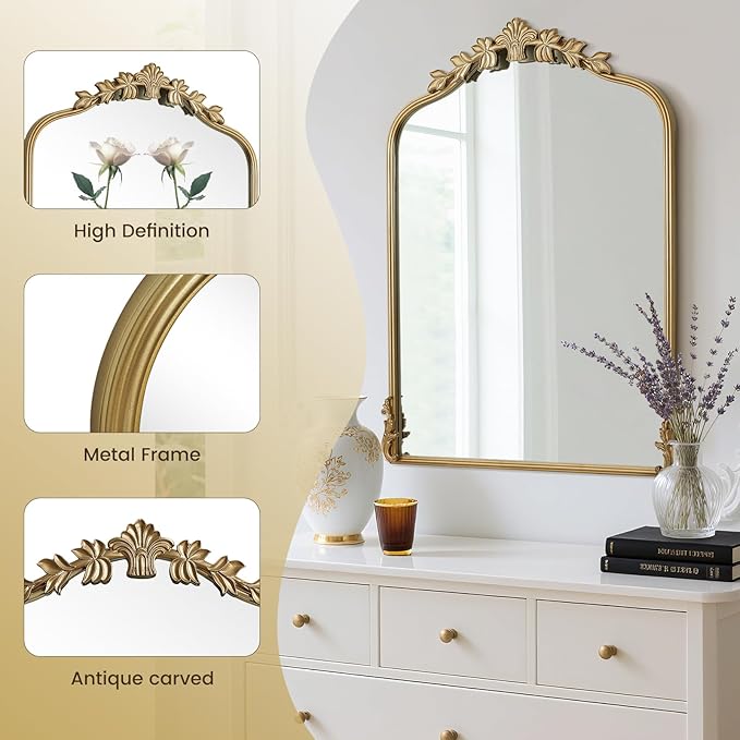 WallBeyond Gold Antique Mirror for Vanity 24x32 Inch, Gold Vintage Mirror with Ornate Frame, Arched Vintage Wall for Bathroom, Living Room, Fireplace