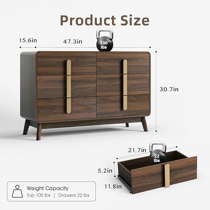 Dresser for Bedroom with 6 Drawers,Mid Century Modern Dresser with Storage,47" Wide Chest of Drawers with Metal Handles,Large Wood Drawer Organizer for Bedroom,Living Room,Hallway,Walnut