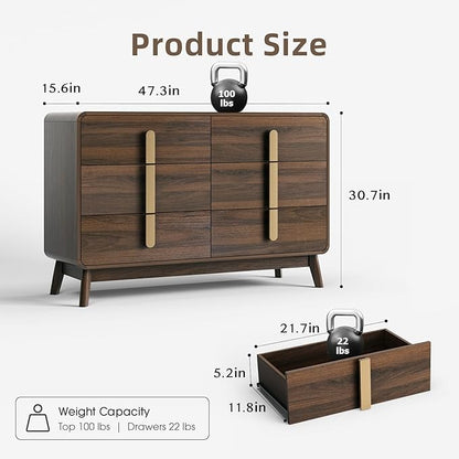 Dresser for Bedroom with 6 Drawers,Mid Century Modern Dresser with Storage,47" Wide Chest of Drawers with Metal Handles,Large Wood Drawer Organizer for Bedroom,Living Room,Hallway,Walnut