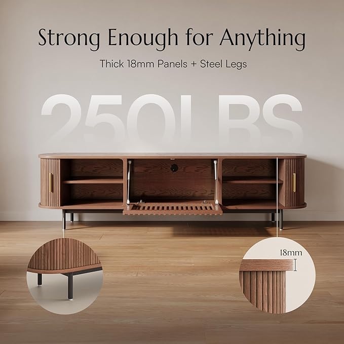 POVISON Fully-Assembled Mid Century Modern TV Stand for 75 inch TV, Sliding Door Entertainment Center with Storage, Wood TV Console, Media Console for Living Room Bedroom(Walnut, 78.74")