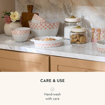 MACKENZIE-CHILDS Everyday Oval Casserole Baker, Cute Oven Baker, Small, Pink-and-White Rosy Check