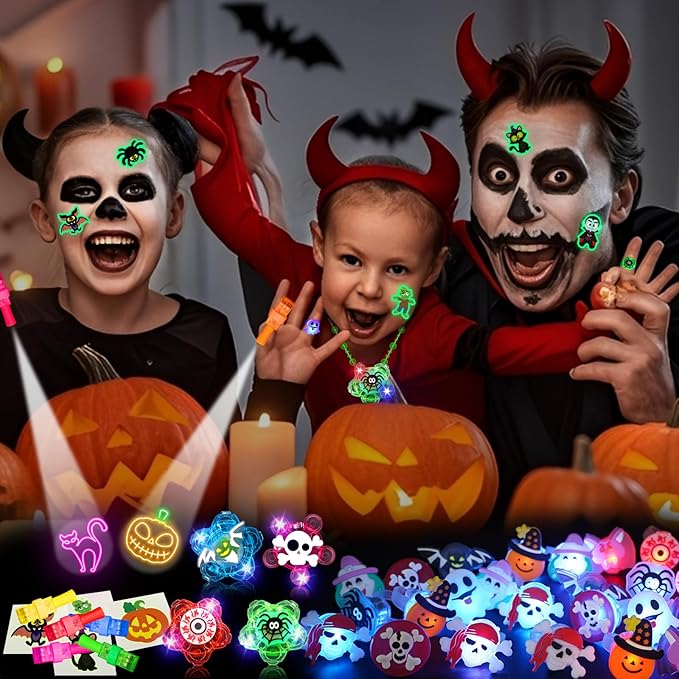 Halloween Party Favors for Kids, 100 Pack Glow in the Dark Toys Rotating Light Up Necklaces LED Flash Rings Halloween Toys Bulk for Halloween Party Classroom Prizes Goodie Bags Trick or Treats Gifts