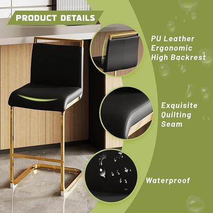 Counter Height Bar Stools Set of 4,Stools for Kitchen Island,25" Black Island Chairs with Gold Chrome Plated Metal Leg,Faux Leather Barstools for Pub Kitchen Counter Dining Chair