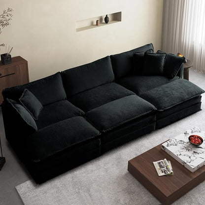 SoarFlash Chenille Sectional Sofa, Comfy Modular Coush Sofa with Ottoman, Modern 3 Seat Recliner Deep Seat Sofa Set for Living Room,Black