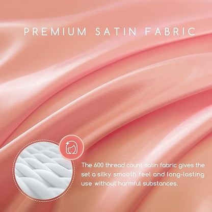 MR&HM Satin Bed Sheets, King Size Sheets Set, 6 Pcs Silky Bedding Set with 15 Inches Deep Pocket for Mattress (King, Blush)