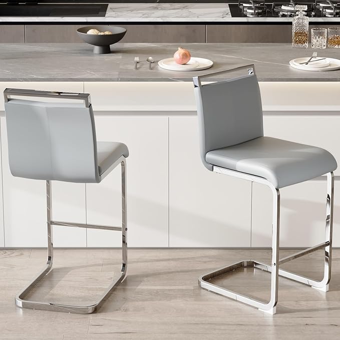 Bar Stools Set of 2, 25" Counter Height, Modern, Silver, Light Grey Faux Leather with Chrome Plated Metal Leg, Ideal for Kitchen Island, Pub, Bar, Restaurant Dining Chair