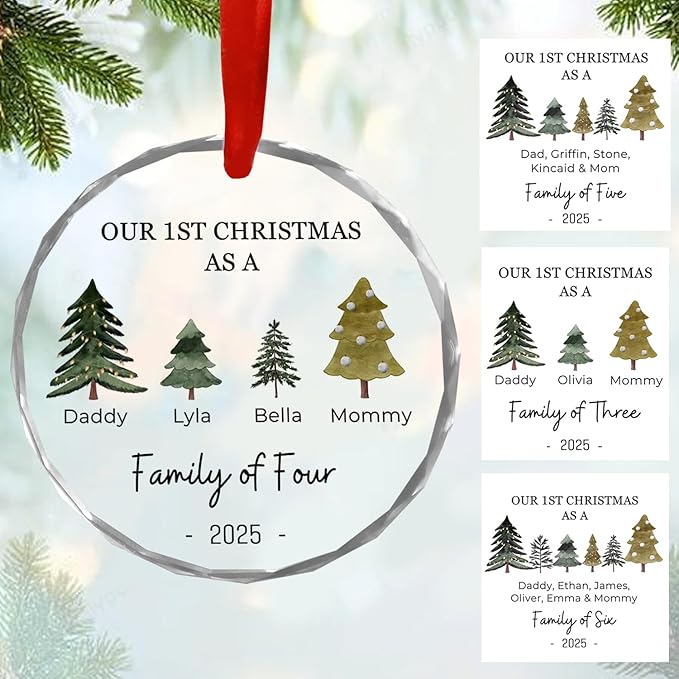 Shaant Personalized Christmas Glass Ornaments 2025, Family of Four Ornaments, Personalized New Baby's First, Family of 3, 4, 5, 6 First Christmas Ornament