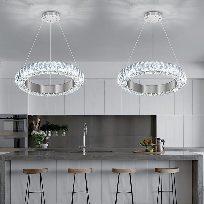 16" Ring Modern LED Dimmable Crystal Chandelier Adjustable Height Pendant Light Round Crystal Chandelier Light Fixtures for Dining Room Living Room Kitchen Island Silver