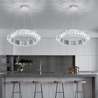 16" Ring Modern LED Dimmable Crystal Chandelier Adjustable Height Pendant Light Round Crystal Chandelier Light Fixtures for Dining Room Living Room Kitchen Island Silver