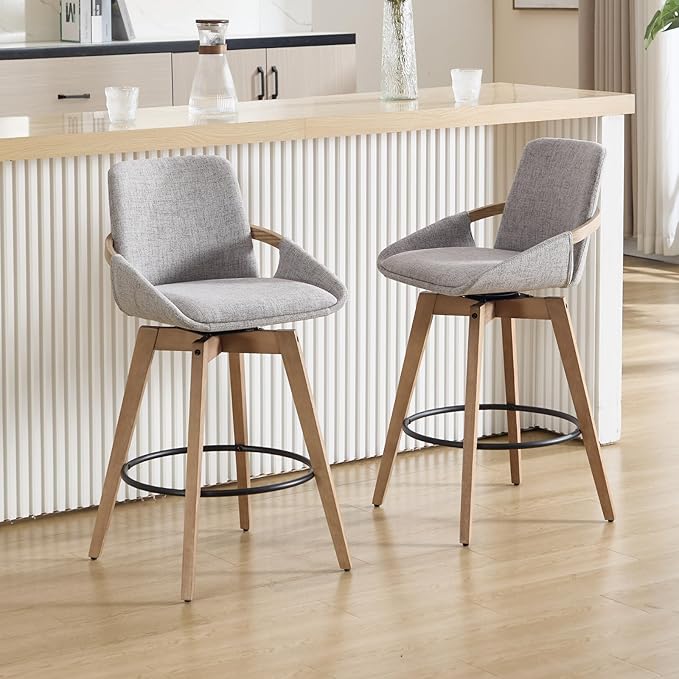 Mid-Century Swivel Bar Stools Set of 2, 26.5 inch Counter Height Barstools Linen Fabric Bar Chairs with Wooden Frame for Kitchen Island Dining Room, Grey