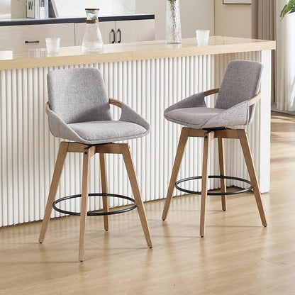 Mid-Century Swivel Bar Stools Set of 2, 26.5 inch Counter Height Barstools Linen Fabric Bar Chairs with Wooden Frame for Kitchen Island Dining Room, Grey