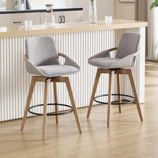 Mid-Century Swivel Bar Stools Set of 2, 26.5 inch Counter Height Barstools Linen Fabric Bar Chairs with Wooden Frame for Kitchen Island Dining Room, Grey