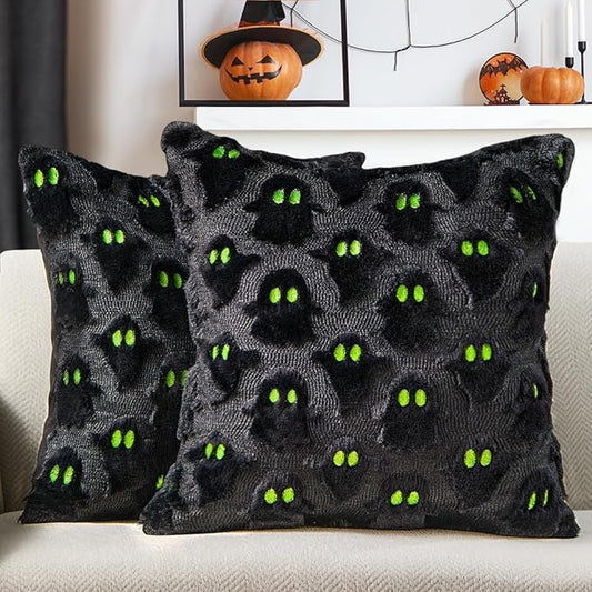 DFXSZ Halloween Pillow Covers 18x18 inch Set of 2 Black Ghost Throw Pillow Cases Soft Plush Faux Fur Wool Cushion Case for Chair Bedroom Living Room Home Decor PTK03F18