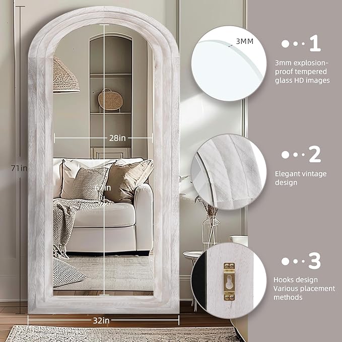 Arched Full Length Mirror with Solid Wood Frame, 71x32 Farmhouse Wall Mirror Full Length with Stand, Vertical Hanging, Leaning Standing for Bedroom, Living Room, Rustic White