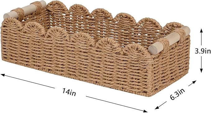 CubesLand Paper Rope Scalloped Edge Toilet Paper Storage Basket, Small Living Room, Bedroom Decor Baskets for Over Toilet Storage Shelf, Shelves and More, with 2 Wooden Handle, Neutral