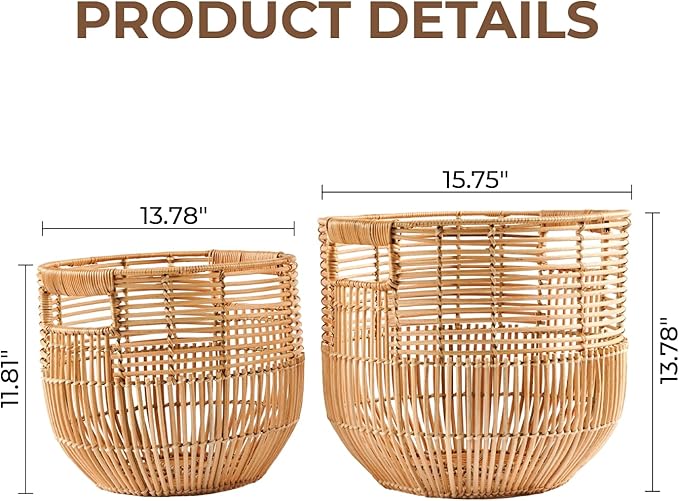 Set Of 2 Large Woven Blanket Baskets With Handles | Round Wicker Rattan Storage Floor Baskets for Shoe In Living Room | Extra Big Boho Rattan Laundry For Pillow, Blanket
