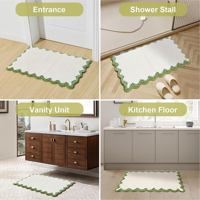 ORTIGIA Small Cute Scalloped Bath Mat, White and Green Plush Microfiber Scallop Bathroom Rugs Non Slip Washable Quick Dry Absorbent, Bathmat for Shower Stall Vanities Kitchen Floor Entrance, 17x24