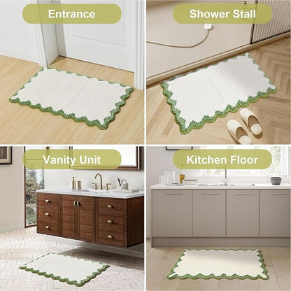 ORTIGIA Small Cute Scalloped Bath Mat, White and Green Plush Microfiber Scallop Bathroom Rugs Non Slip Washable Quick Dry Absorbent, Bathmat for Shower Stall Vanities Kitchen Floor Entrance, 17x24