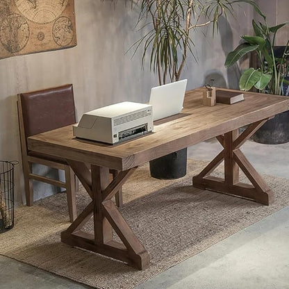 homary 70.9" Rustic Solid Wood Desk, Home Office Desk with Trestle Base, Executive Writing Table for Home Office, Study Room or Dining Space, Natural Finish