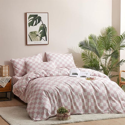 CLOTHKNOW Pink Plaid Comforter Set California King 3Pcs Pink White Bedding Comforter Sets Checker Comforter Soft Grid Comforter Sets Cal King