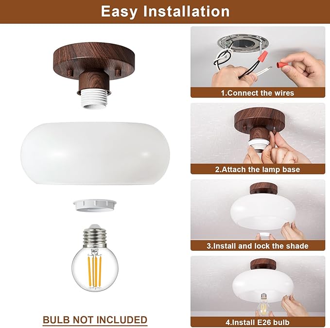 Mid-Century Modern Semi Flush Mount Ceiling Light, Faux Walnut Wood Kitchen Light Fixtures with Glass Shade, Vintage White Close to Ceiling Lamp for Entryway Hallway Bathroom (11.0 Inch)