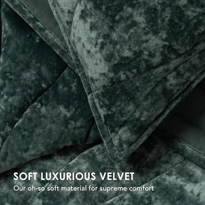 EVERGRACE Luxury Velvet Quilt Queen Size, Ultra Soft Wave Crushed Velvet Bedding Set, Lightweight Quilted Comforter Set for All Season, Oversized Bedspread Coverlet with 2 Shams, Dark Green