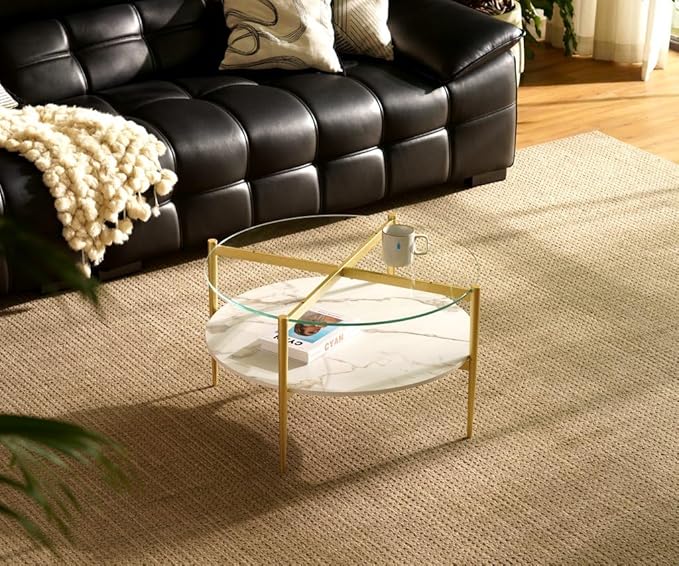 AGV LIGHTING Round Glass Coffee Table, Mid-Century Modern Coffee Table for Living Room, Glod Finish Leg, Tempered Glass Top with White Marble MDF Shelf