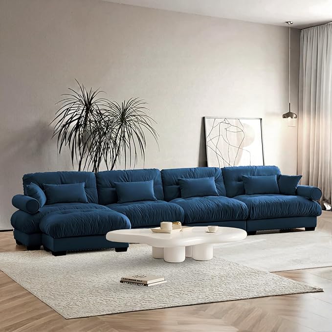 SoarFlash Sectional Couches for Living Room, L Shaped Sofa Couch with Velvet Fabric, 4 Seat Modern Sofa with Ottoman, Removable Pillows for Apartment, Blue