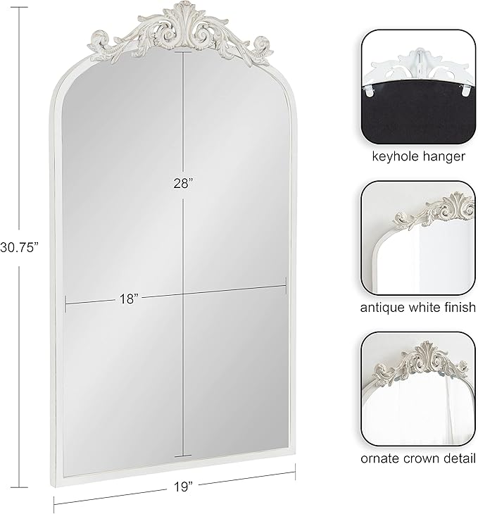 Kate and Laurel Arendahl Traditional Arch Wall Mirror; 19 x 31; Antique White; Vintage Glam Baroque-Inspired Arched Bathroom Vanity Mirror with Ornate Crown