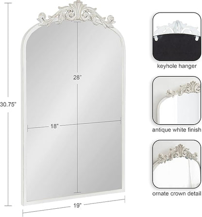 Kate and Laurel Arendahl Traditional Arch Wall Mirror; 19 x 31; Antique White; Vintage Glam Baroque-Inspired Arched Bathroom Vanity Mirror with Ornate Crown