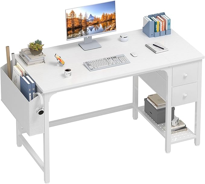 Lufeiya White Computer Desk with Drawers - 47 Inch PC Desk for Small Space Bedroom Home Office, Modern Simple Study Writing Table Desks with Storage Shelf, White