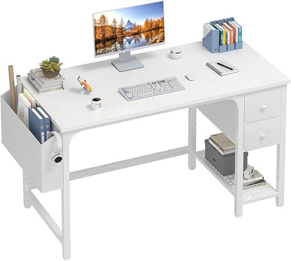 Lufeiya White Computer Desk with Drawers - 47 Inch PC Desk for Small Space Bedroom Home Office, Modern Simple Study Writing Table Desks with Storage Shelf, White