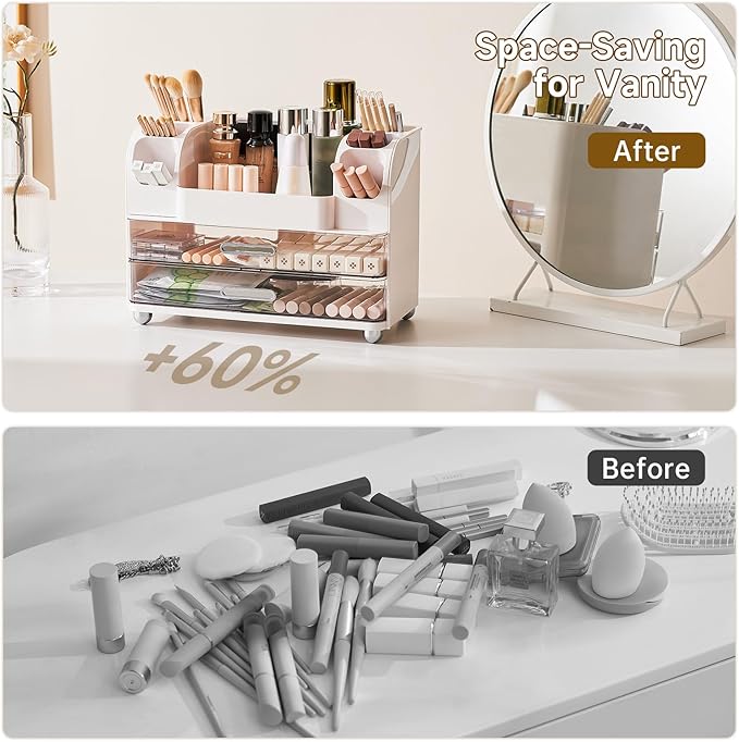 Makeup Organizer for Vanity with 2 Large Drawers, Cosmetic Display Case with Brush Holders, Easy to Storage for Bathroom Countertop Skincare, Desk Office Supplies, White