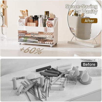 Makeup Organizer for Vanity with 2 Large Drawers, Cosmetic Display Case with Brush Holders, Easy to Storage for Bathroom Countertop Skincare, Desk Office Supplies, White