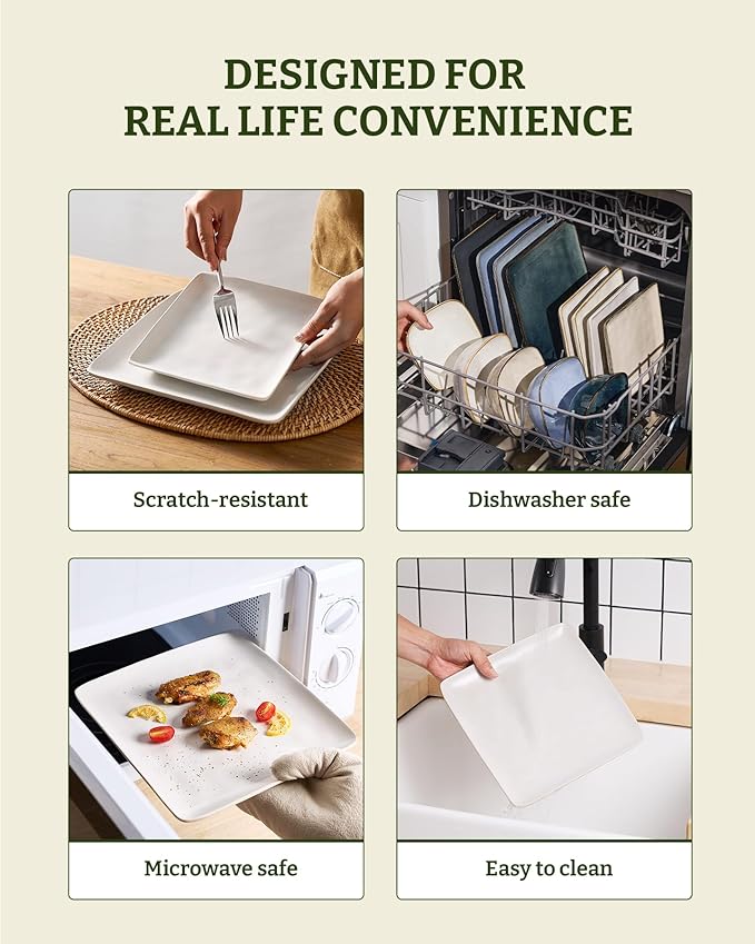 Famiware Dinnerware Sets for 8, Ocean Square 24-Piece Kitchen Plates and Bowls Sets, Microwave and Dishwasher Safe, Scratch Resistant, Matte White