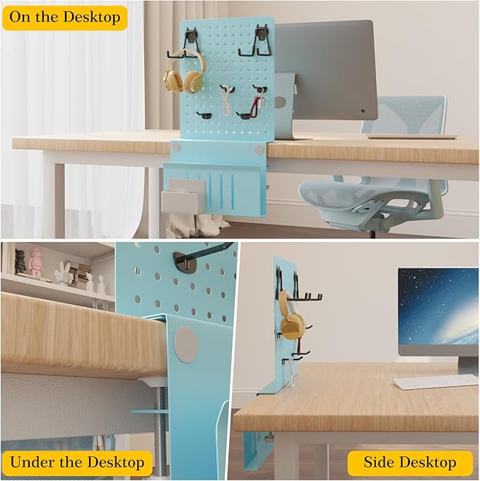 Desk Side Storage with Clamp-On Desk Pegboard, Steel Privacy Panel, No-Drill Desk Organizer with Pen Holder, Table-Side Laptop Holder for Office and Home (Blue)