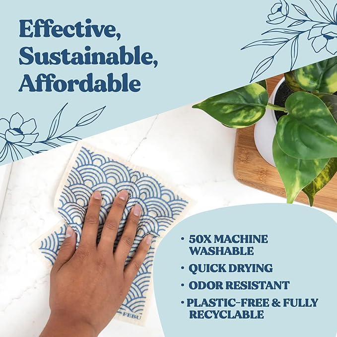 FEBU Swedish Dish Cloths 5 Pack Floral Reusable Washable Kitchen Dish Towels