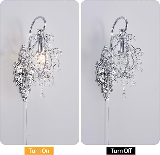 Silver Crystal Vintage Plug in Wall Sconces Set of 2 Indoor Wall Light Fixture, Modern Wall Mount Lamp Light for Bedroom Living Room Bathroom Vanity Light Hallway Light Fixture Decor LED E12