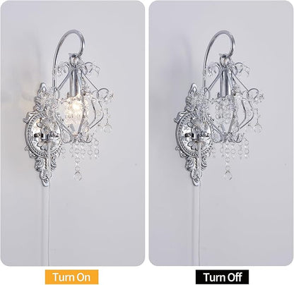 Silver Crystal Vintage Plug in Wall Sconces Set of 2 Indoor Wall Light Fixture, Modern Wall Mount Lamp Light for Bedroom Living Room Bathroom Vanity Light Hallway Light Fixture Decor LED E12