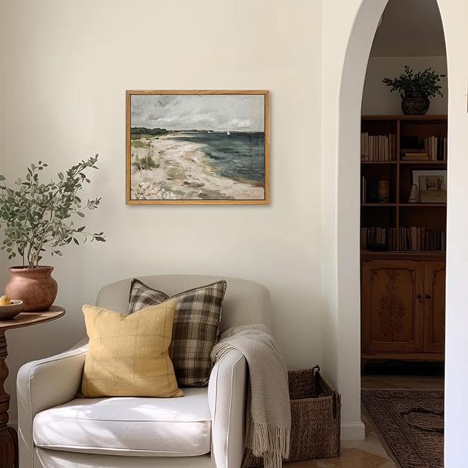 KBKBART Vintage Wall Art, Retro Coastal Seaside Beach House Framed Canvas Art Prints Painting Farmhouse Decor, Rustic Impressionism Scenic Landscape Wall Decor for Bathroom, Bedroom Living Room,
