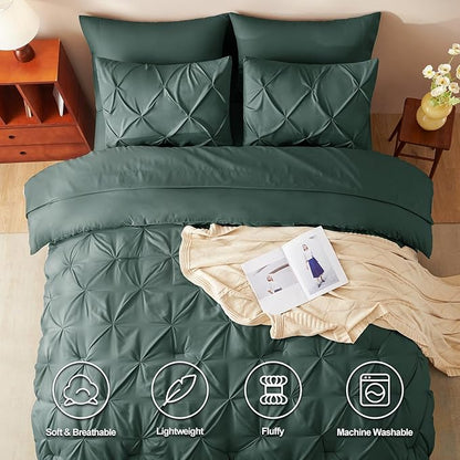 CozyLux King Size Comforter Set Forest Green, 7 Pieces Pintuck Bed in A Bag Green Comforter King Size, Pinch Pleat Bedding Set with All Season Comforter, Sheets, Pillowcases & Shams