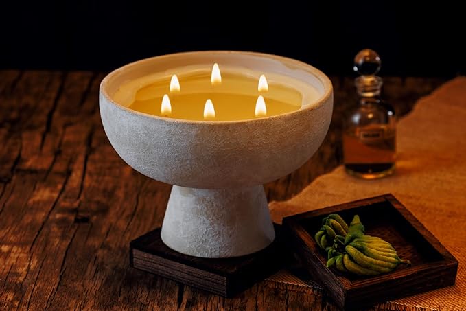 BLUEME Nostalgia - Bergamot & Musk, Luxury Candle w/Essential Oils, 6 Wick, Hand-Poured Soy, Cotton Wick, Ceramic