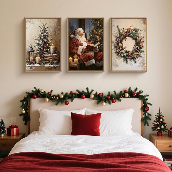 HOURIA Vintage Christmas Framed Canvas Wall Art Set,Santa Claus Reading Book Decor, Wreath Pinecone Berries Artwork,Cozy Night Tree Candle Lantern Prints for Living Room,Xmas Holiday Gifts- 24"x36"x3