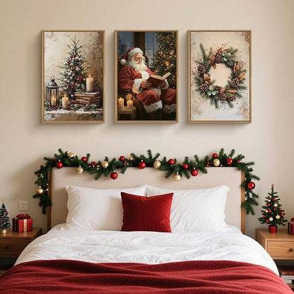 HOURIA Vintage Christmas Framed Canvas Wall Art Set,Santa Claus Reading Book Decor, Wreath Pinecone Berries Artwork,Cozy Night Tree Candle Lantern Prints for Living Room,Xmas Holiday Gifts- 24"x36"x3